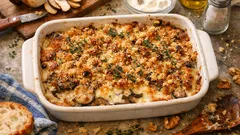 Pilzgratin mit Butterröhrlingen – cremig, würzig und mit knusprigem Käse-Nuss-Topping