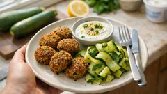 Knusprige Ofen-Falafel mit Tahini-Joghurt-Dip und Zucchinisalat – schnell gemacht