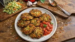 Knusprige Zucchini-Möhren-Puffer mit Tomatensauce – so werden sie außen goldbraun