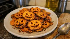 Vegane Süßkartoffelchips mit Kürbisgesichtern – knusprig aus dem Ofen für Halloween