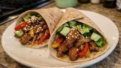 Vollkorn-Wraps mit Teriyaki-Schwein und Paprika – unkompliziert zum Teilen