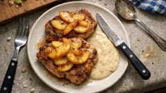 Schweinekoteletts mit Apfel und Calvadossauce – saftig aus dem Ofen, schnell gemacht