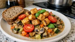 Pilz-Gemüse-Pfanne mit knusprigem Tofu: cremig, zitronig und schnell gemacht