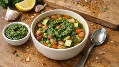 Gemüsesuppe mit Borlottibohnen & Kräuterpesto – unkompliziert, sättigend und frisch