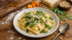 Kürbis-Ravioli mit Rucola & Pinienkernen – so werden sie schön aromatisch