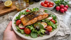 Gegrillter Lachs auf buntem Salat – mit Senf-Honig-Dressing in 20 Minuten